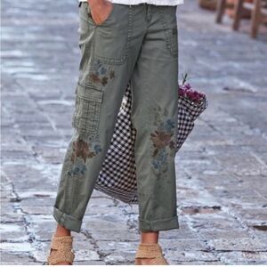 Sundance embroidered floral cargo pants grey size P8 boho casual utility